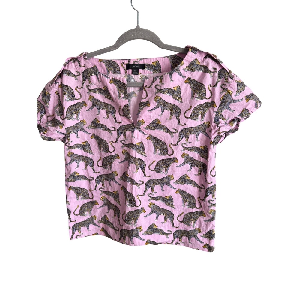 J.Crew Pink Leopard Print Cotton Popover Top Short Puff Sleeve‎ XS